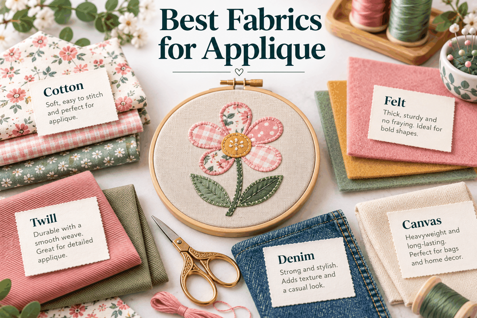 Best fabrics for applique embroidery including cotton, twill, felt, denim and canvas