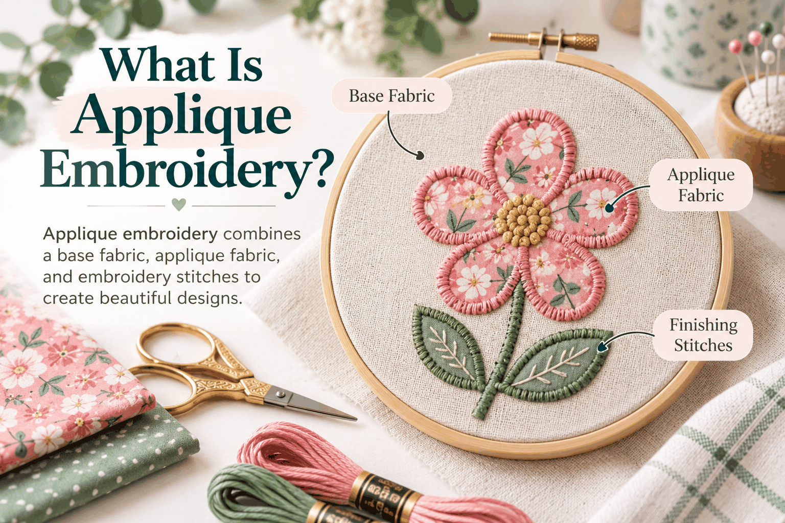 Applique embroidery example showing base fabric, applique fabric and finishing stitches