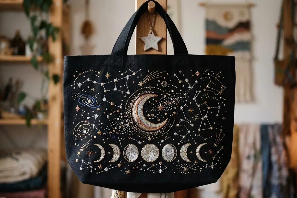 Celestial and Nature-Inspired Themes on tote bags embroidery
