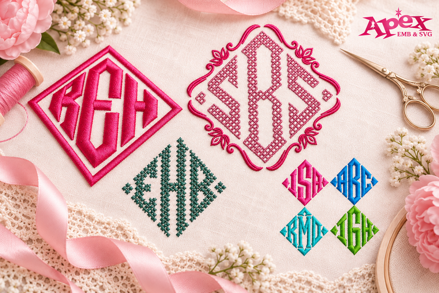 Diamond embroidery font styles including 3D puff, cross stitch and monogram designs
