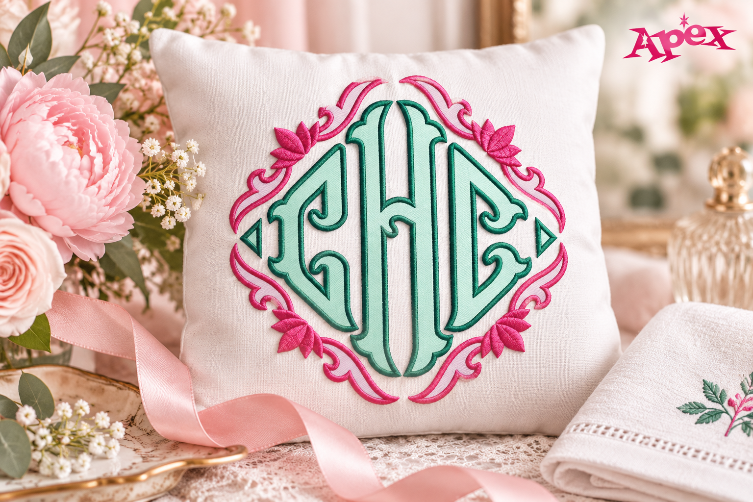 Diamond Triangle Fishtail embroidery monogram on a personalized decorative pillow