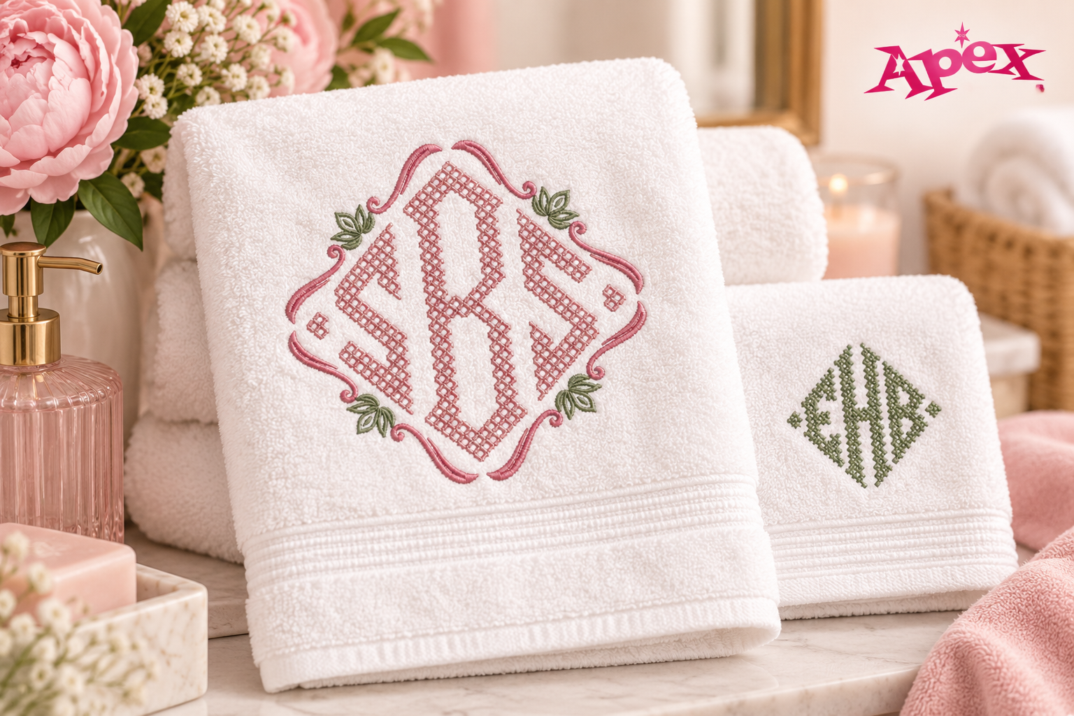 Colorful diamond monogram embroidery font samples in pink blue aqua and green