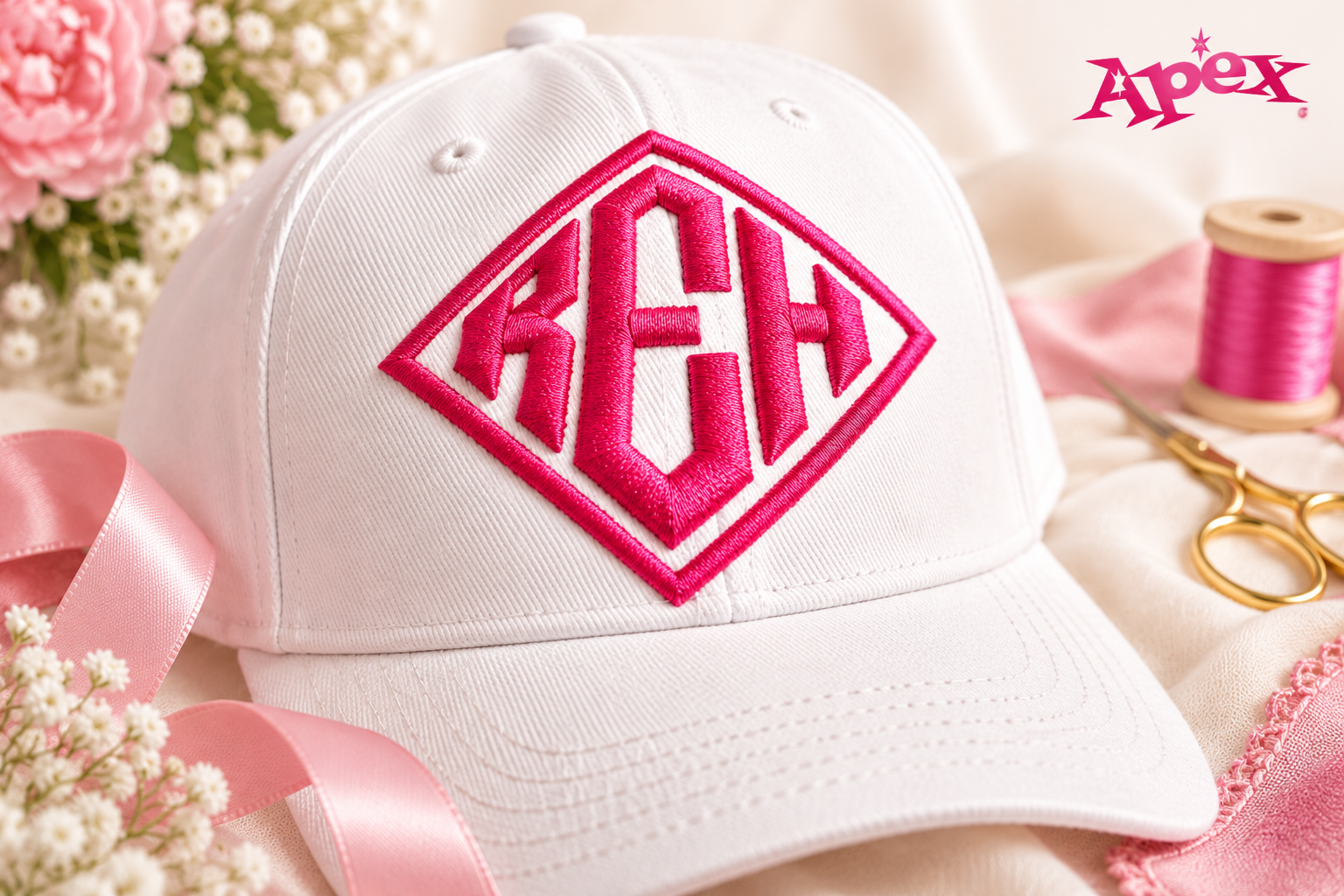 Puff 3D diamond embroidery font stitched on a white baseball cap