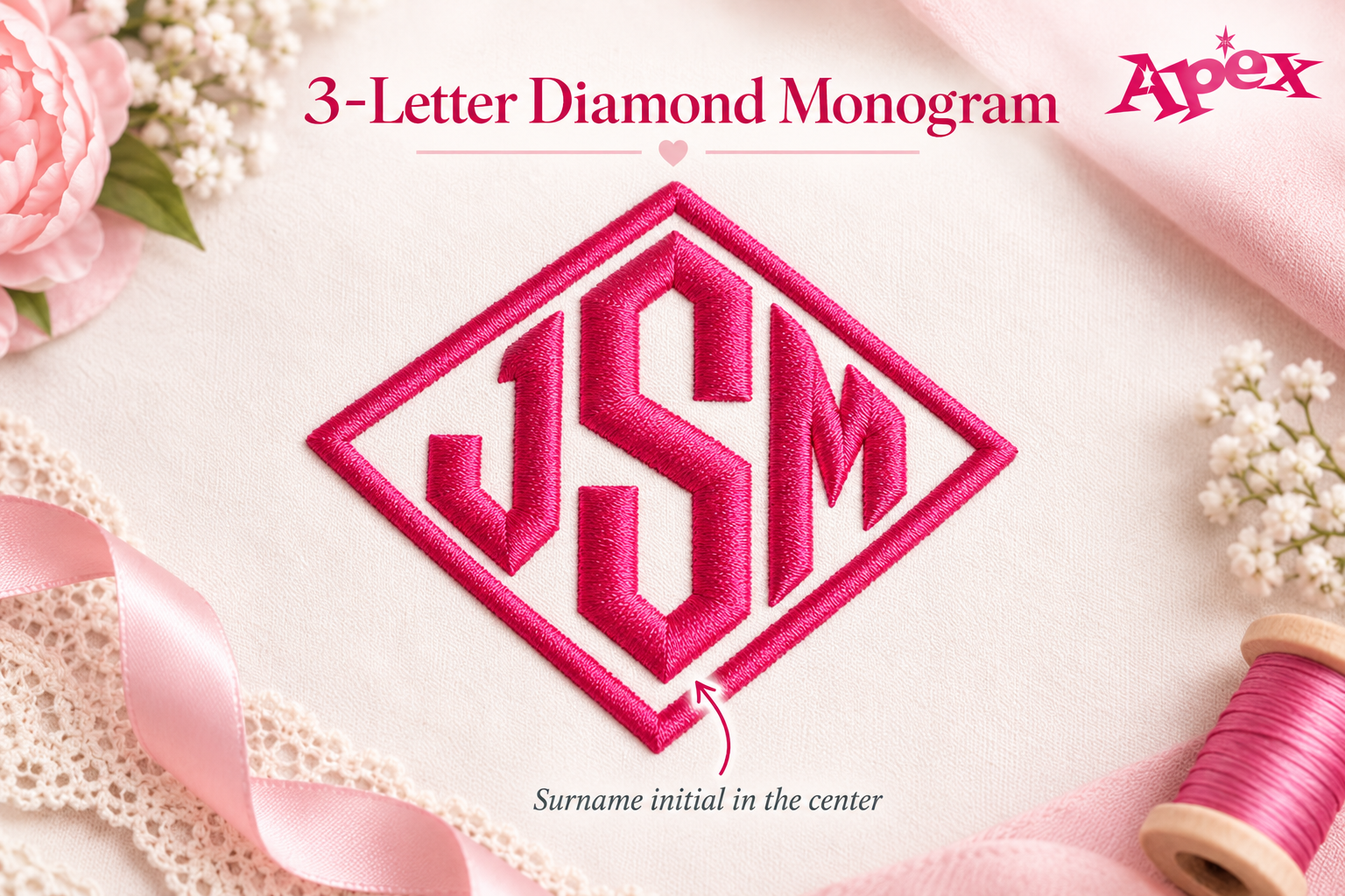 Three letter diamond monogram with surname initial in the center