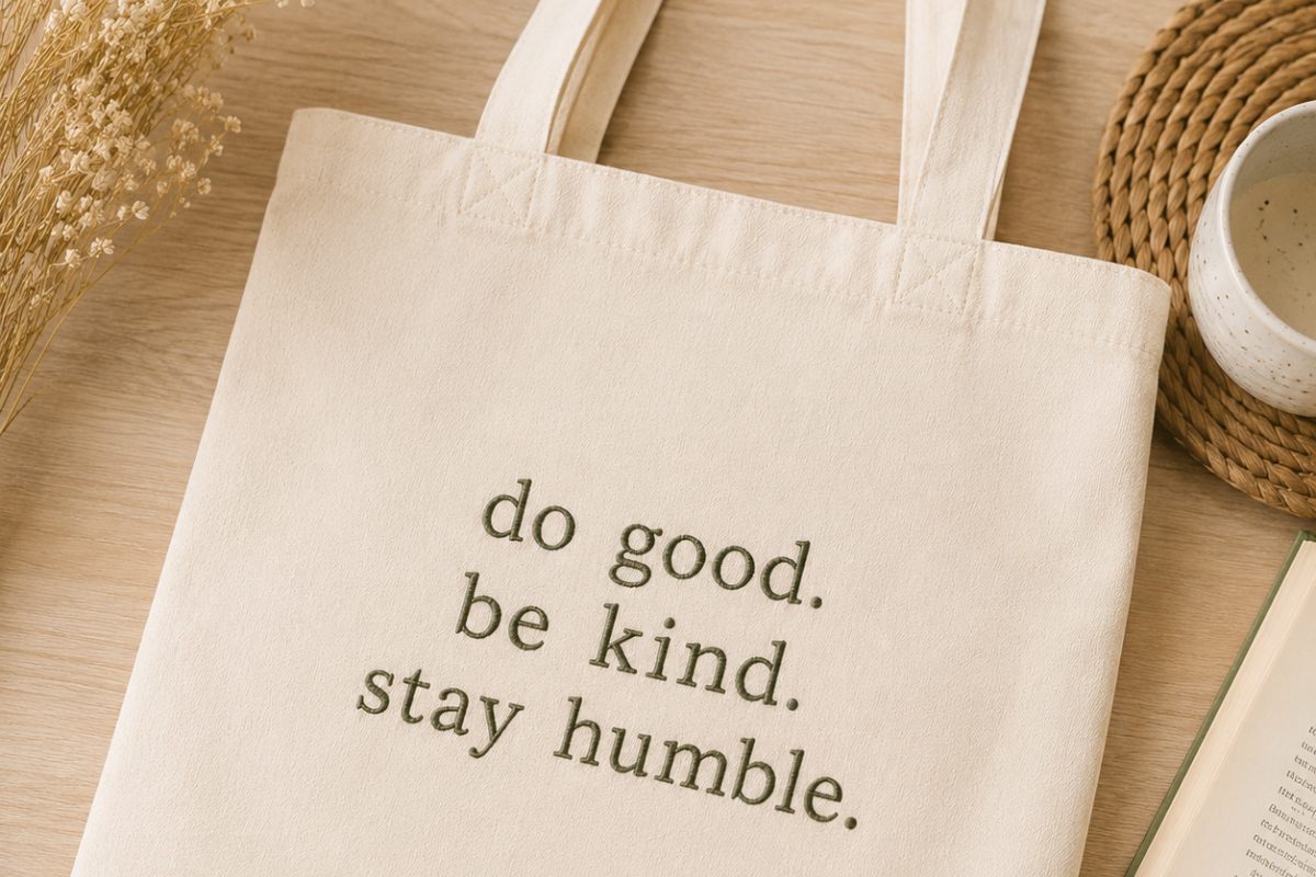 Embroidered Lettering and Quotes on the tote bags