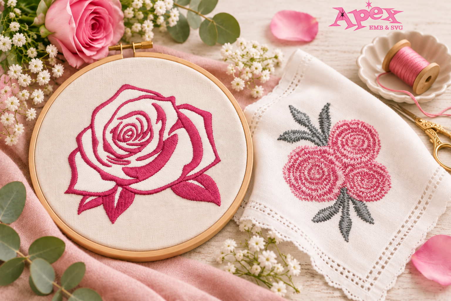Pink rose embroidery designs displayed on linen fabric and embroidery hoop