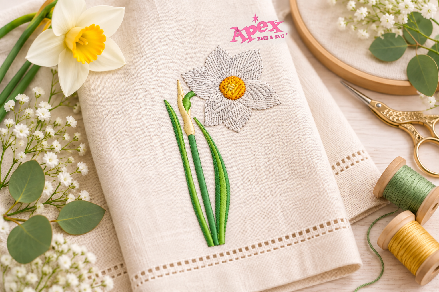 White watercolor daffodil embroidery design on linen fabric