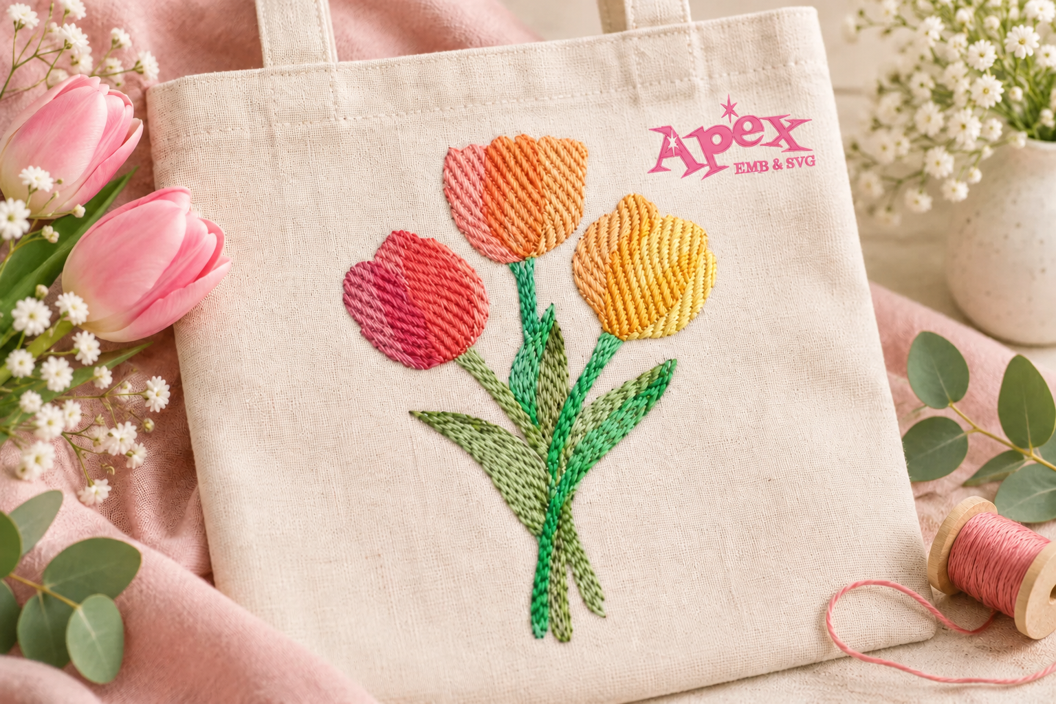 Watercolor tulip flower embroidery design on a natural canvas tote bag