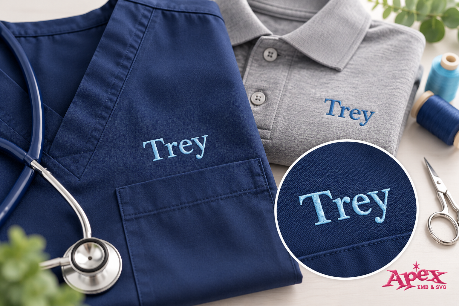 Small Times embroidery font for name Trey on medical scrubs and uniform