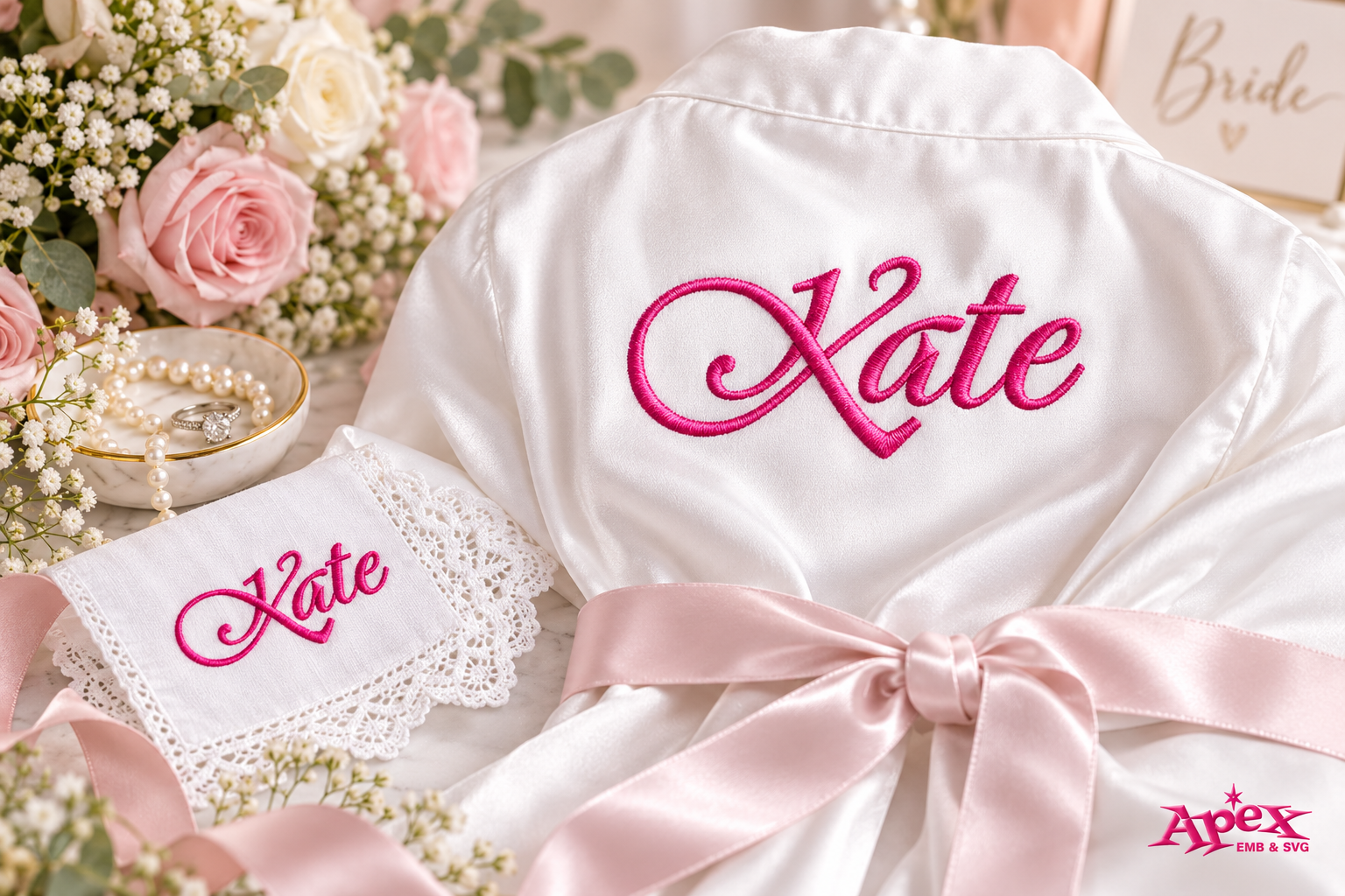 Modern Calligraphy embroidery font for name Kate on personalized bridal robe