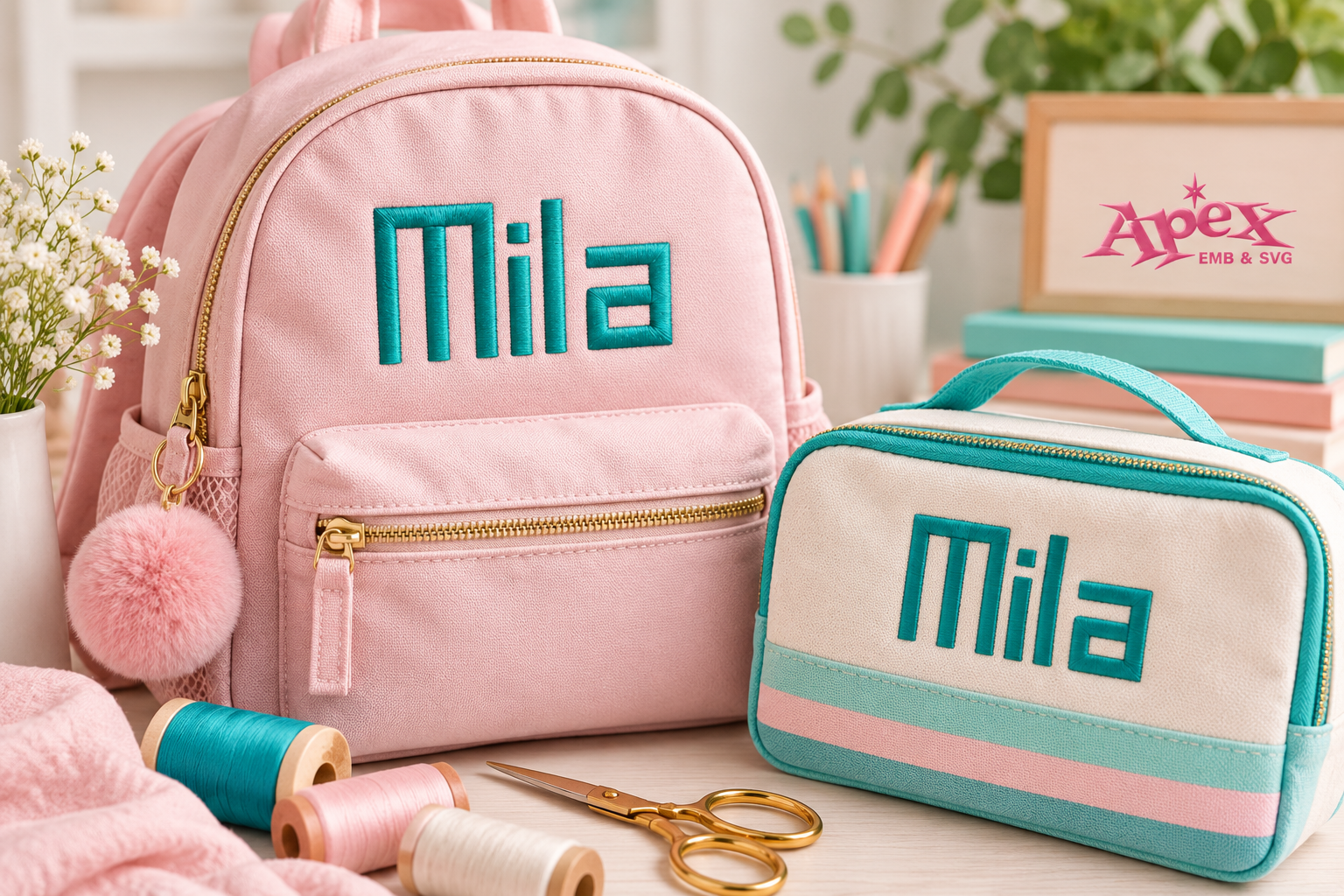 Modern Block embroidery font for name Mila on personalized backpack and lunch bag