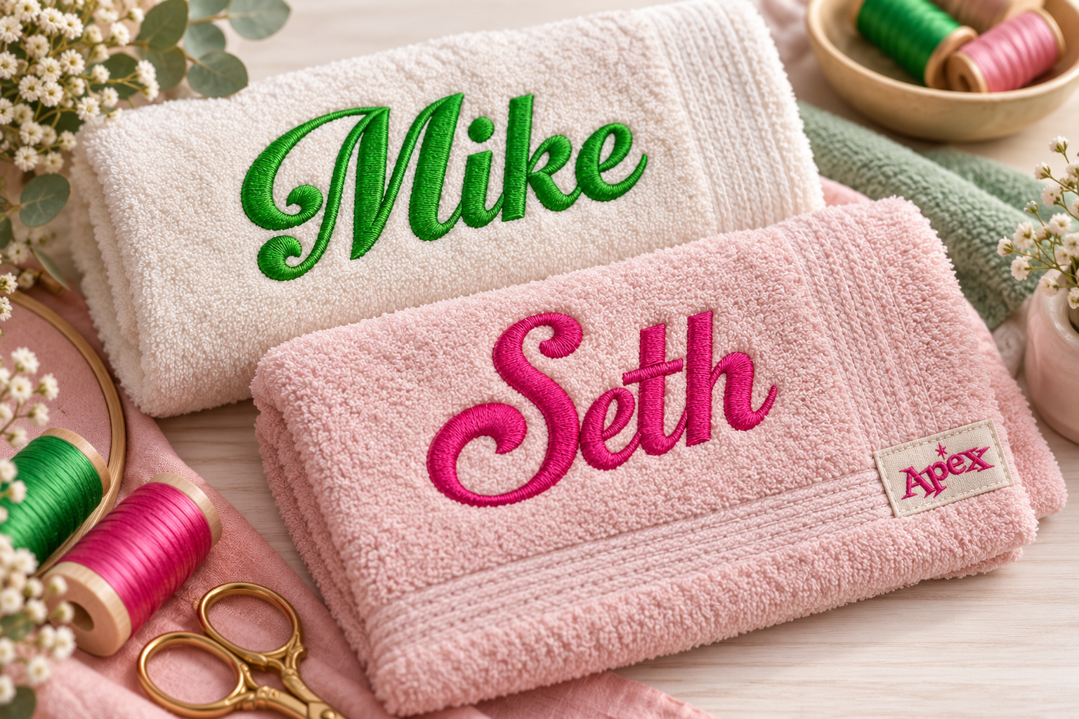 Ferris embroidery font stitched on personalized towels with names Mike and Seth