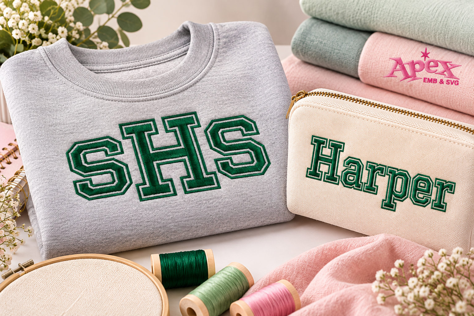 Block Outline embroidery font for varsity initials and personalized name Harper
