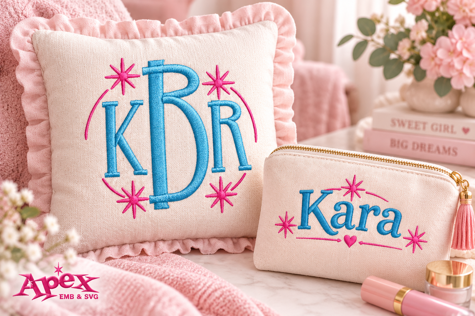 Apex embroidery font used for decorative monogram and personalized name Kara