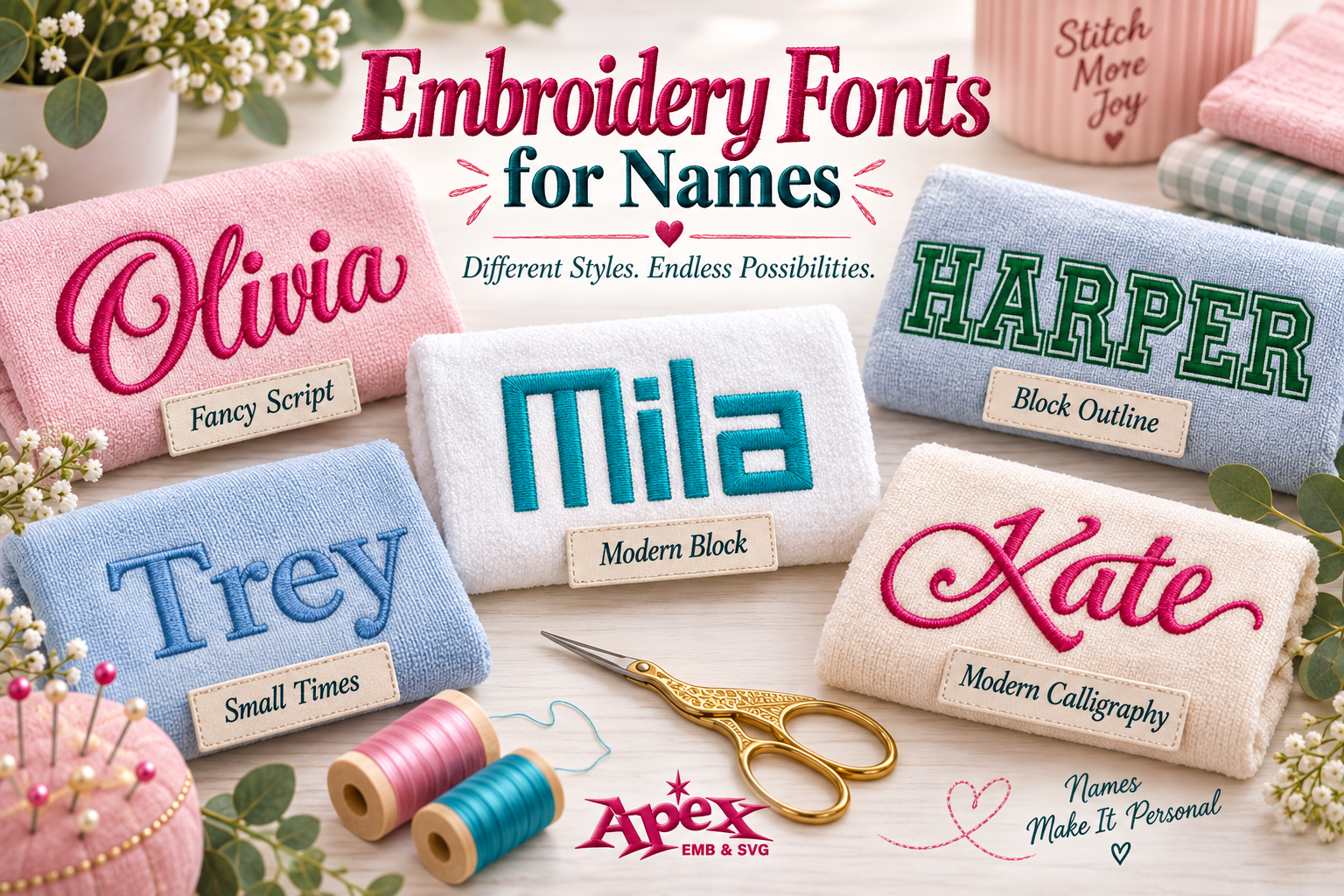 Comparison of Fancy Script, Block Outline, Modern Block, Small Times and Modern Calligraphy embroidery fonts for names