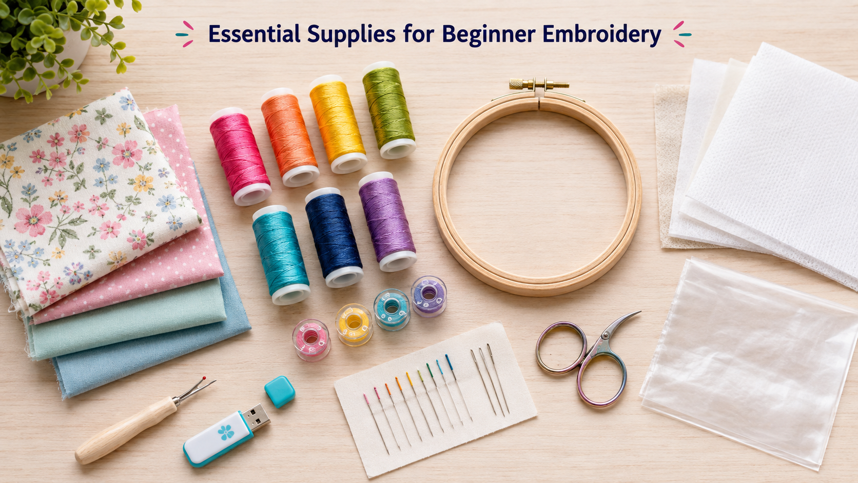 Essential embroidery supplies for beginners including thread, stabilizer, hoops, needles, and scissors