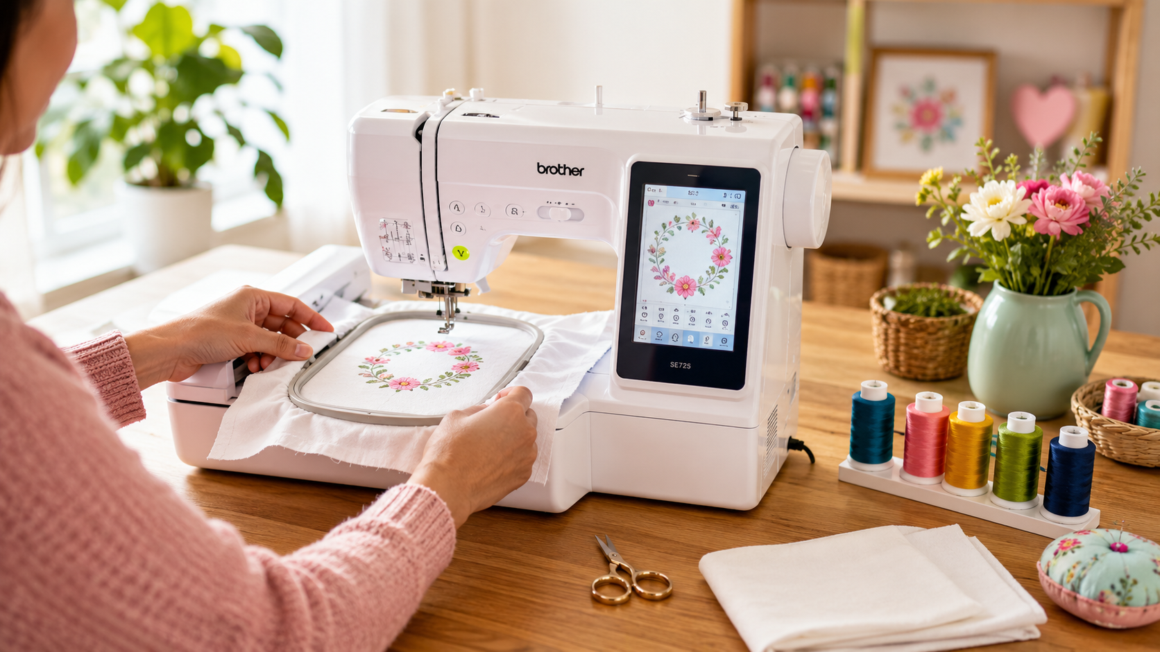 Beginner using an embroidery machine for a floral project
