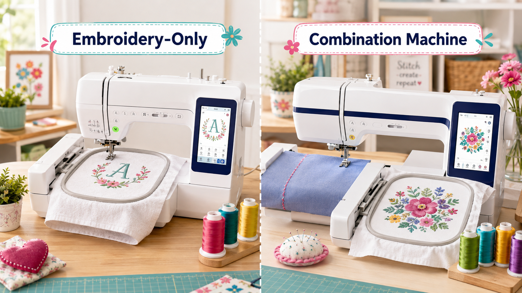 Embroidery-only machine compared with a sewing and embroidery combination machine