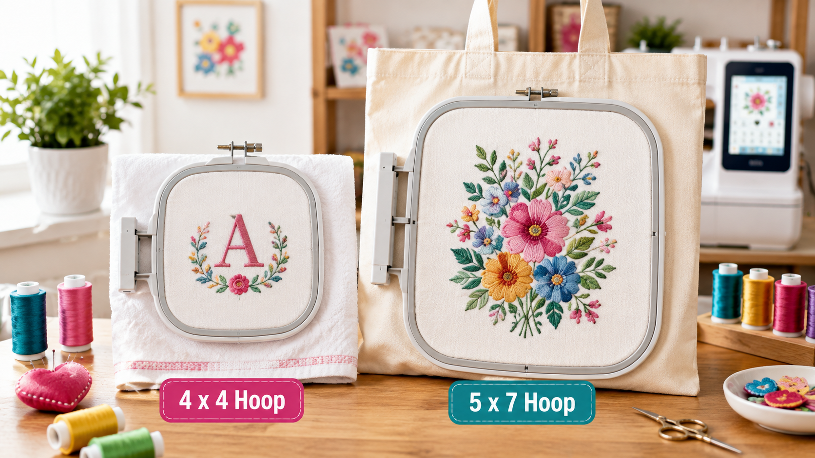 Comparison of 4 x 4 and 5 x 7 embroidery hoop sizes