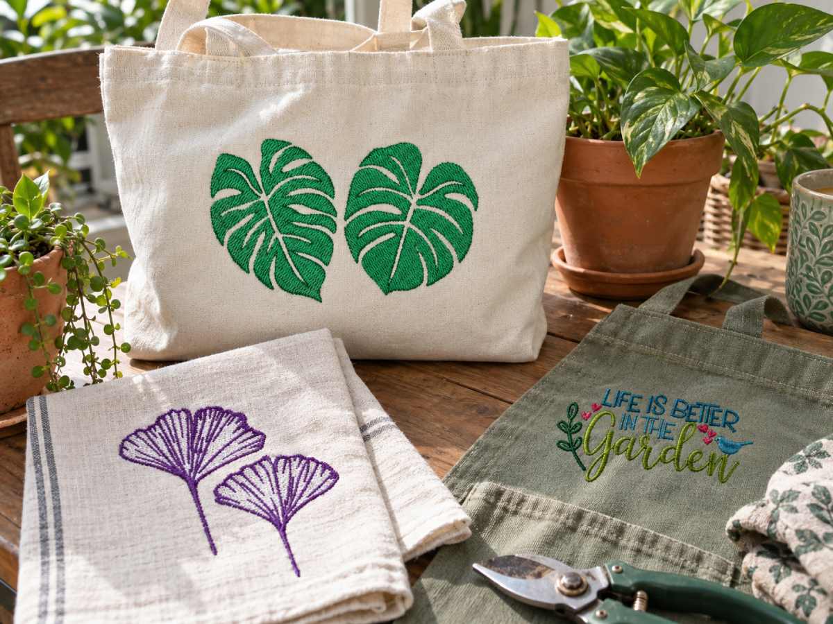 Apex designs to see: Monstera Leaf Embroidery Design, Gingko Leaves Embroidery Design and Garden Plants Gardening Sayings Pack.