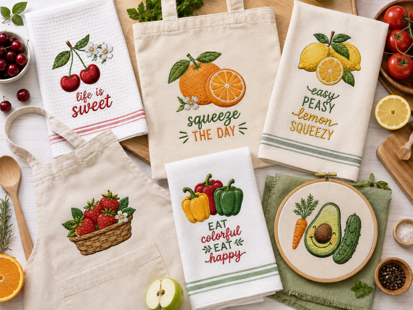 Fruit and vegetable embroidery designs featuring cherries, oranges, lemons, strawberries, peppers and avocado