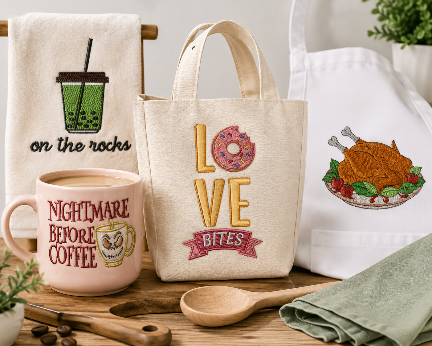 Food and drink embroidery mockups featuring bubble tea, donut love bites, coffee quote and roast turkey designs