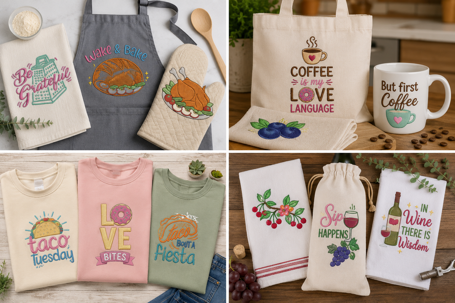 Food and drink embroidery designs featuring cherries, taco, coffee, pizza, avocado and citrus motifs
