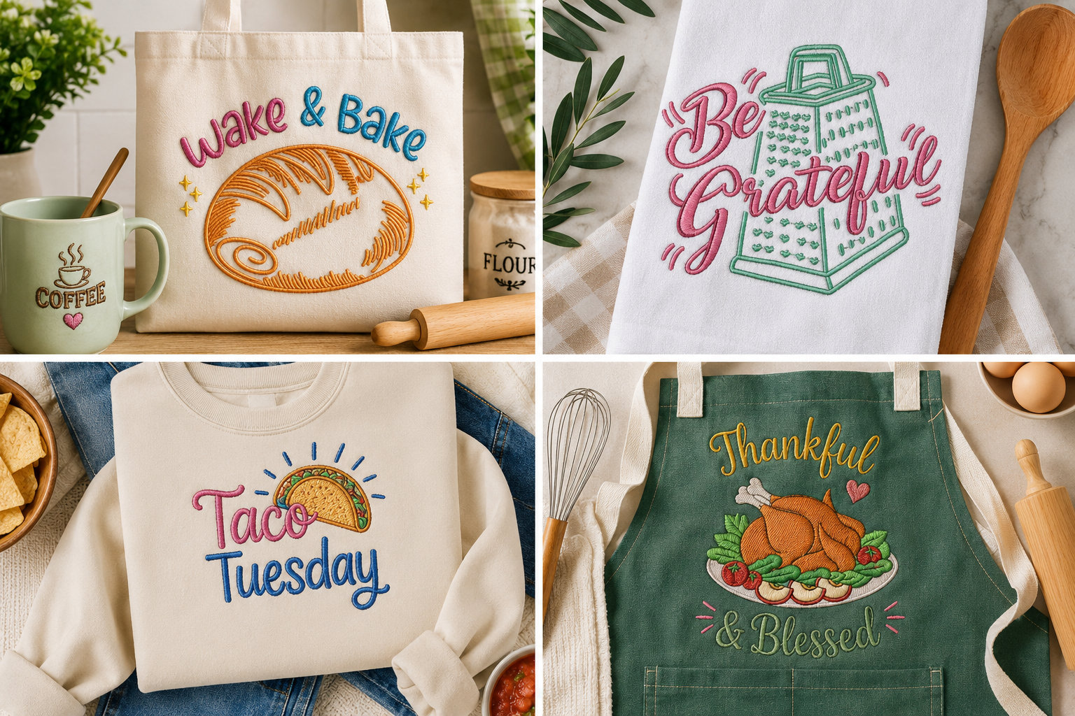 Coffee embroidery designs on shirts, towels and hoops with coffee cups, beans and funny sayings
