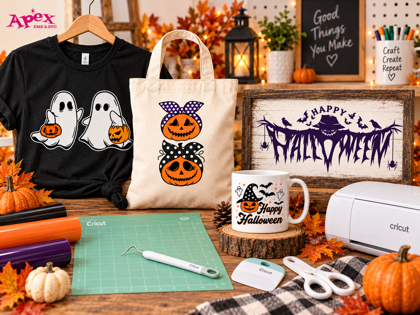 Halloween SVG craft ideas for Cricut shirts, tote bags, signs and mugs