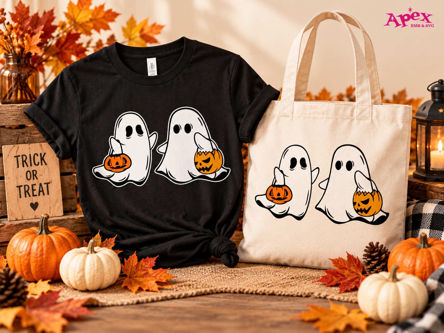 Cute ghost Halloween SVG on shirt and trick or treat tote bag
