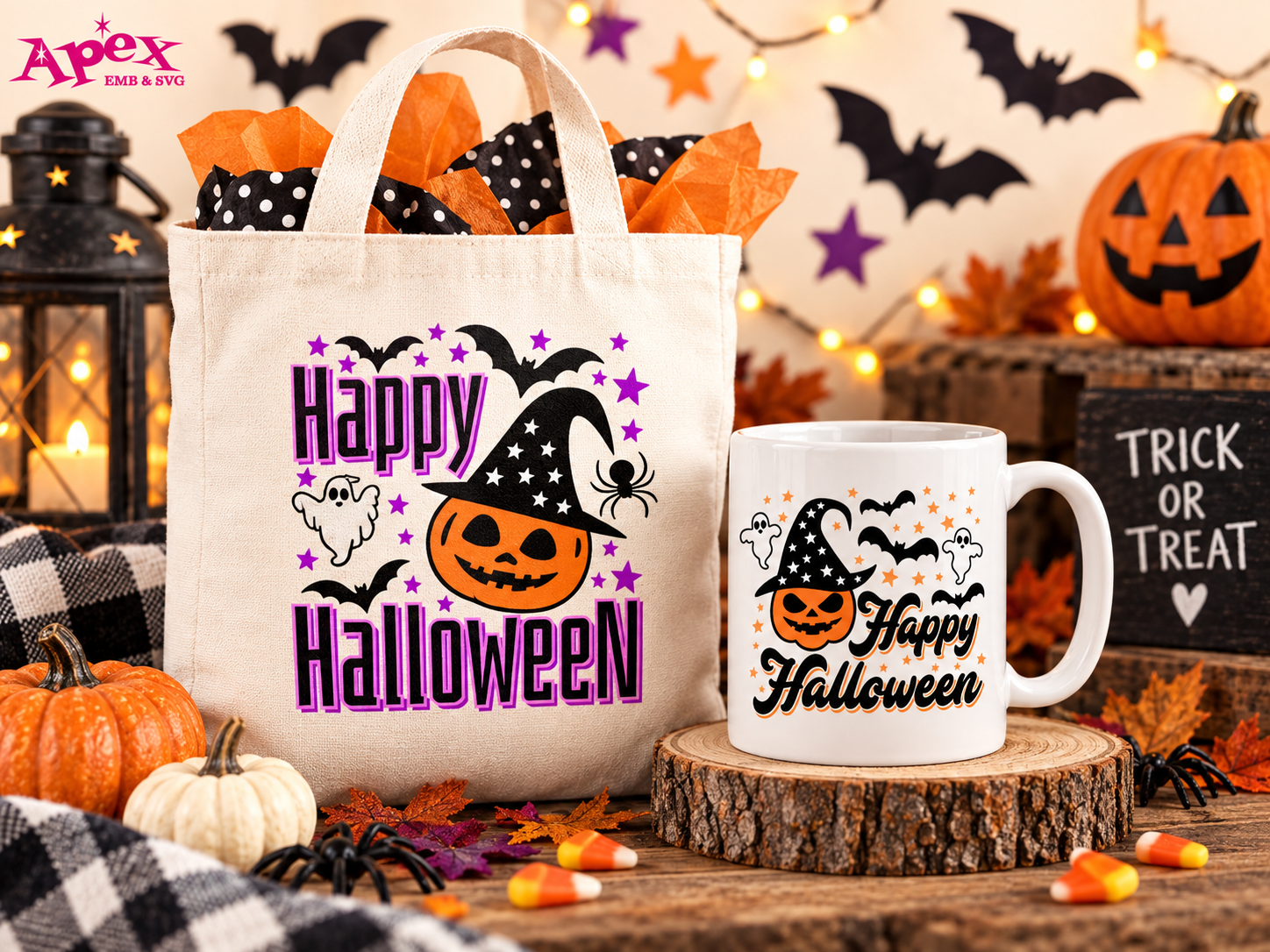 Happy Halloween SVG on trick or treat bag and Halloween mug