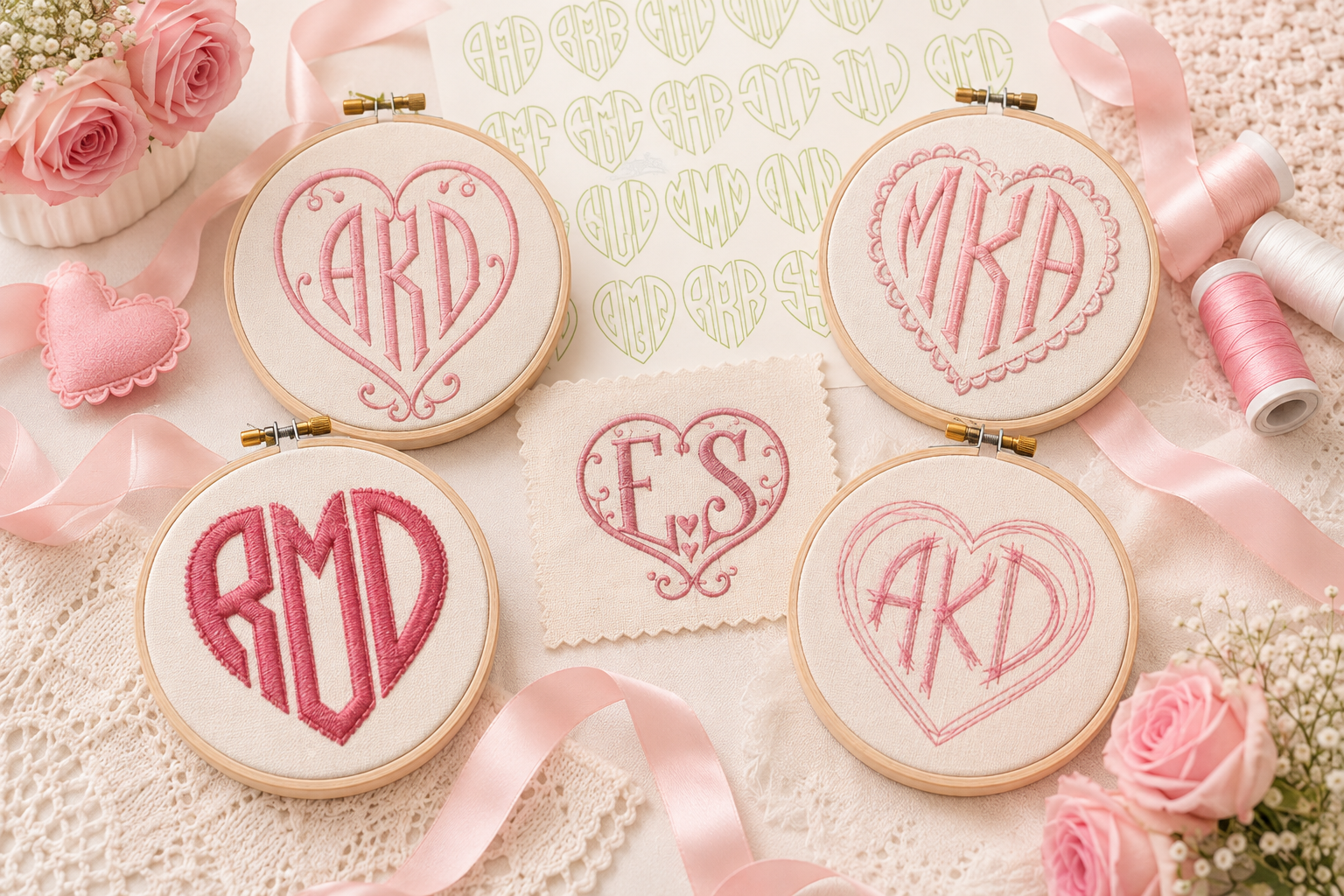Apex Heart Monogram Embroidery Font Collection