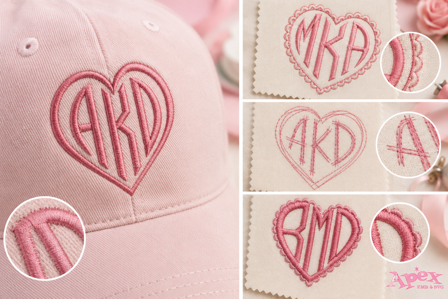 Heart Monogram Embroidery Stitch Detail Comparison