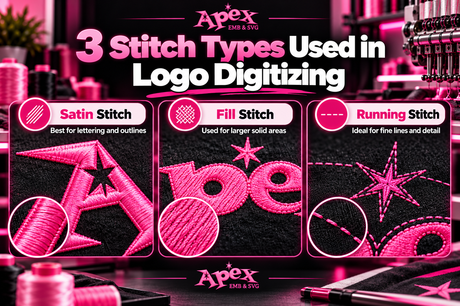 Three common stitch types are used in logo embroidery