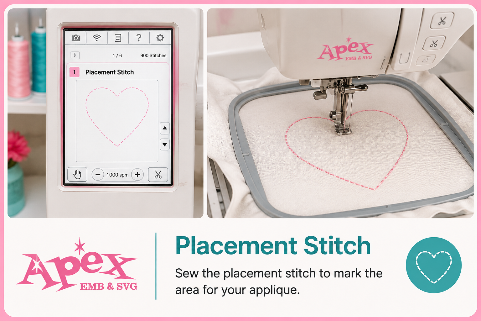 Embroidery machine screen showing the placement stitch and stitched applique placement outline