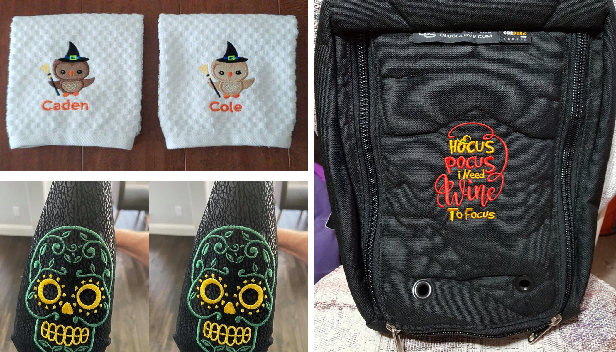 Halloween Embroidery Projects - Towels, Backpacks and Koozies