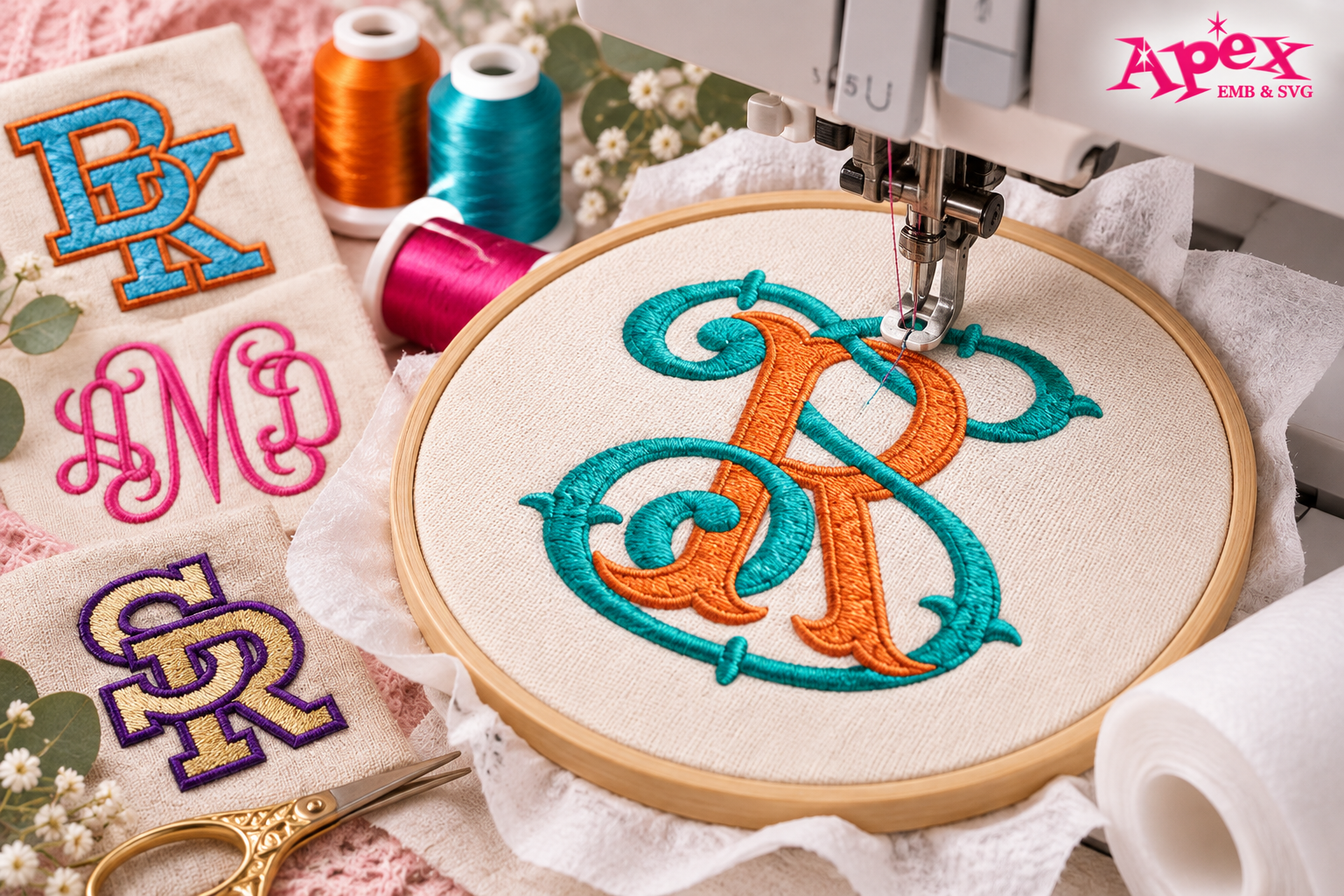 Embroidery machine stitching a vine-style interlocking monogram on fabric