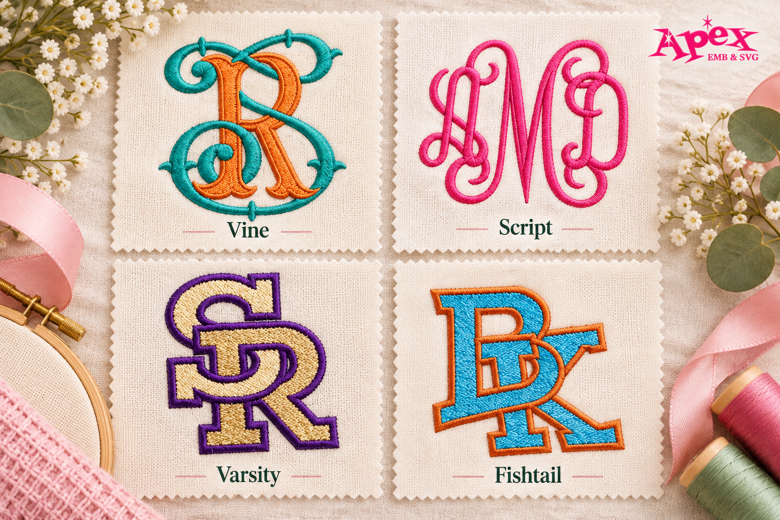 Comparison of vine, script, varsity and fishtail interlocking embroidery font styles