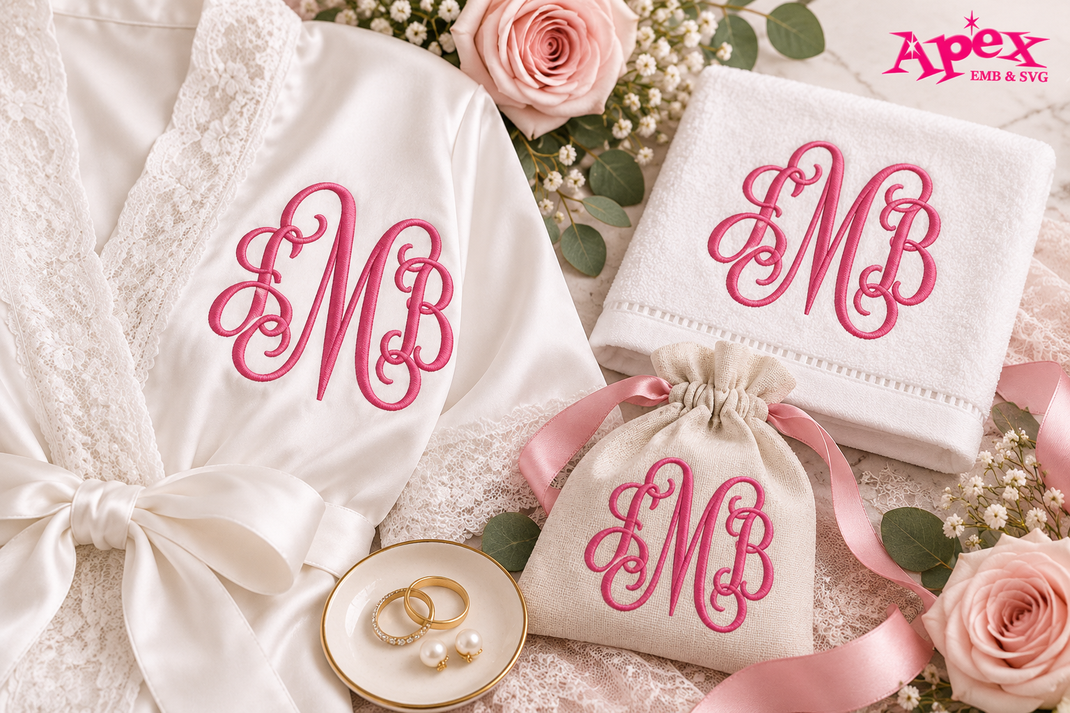 Pink script interlocking monogram embroidery on a bridal robe, towel and wedding gift pouch
