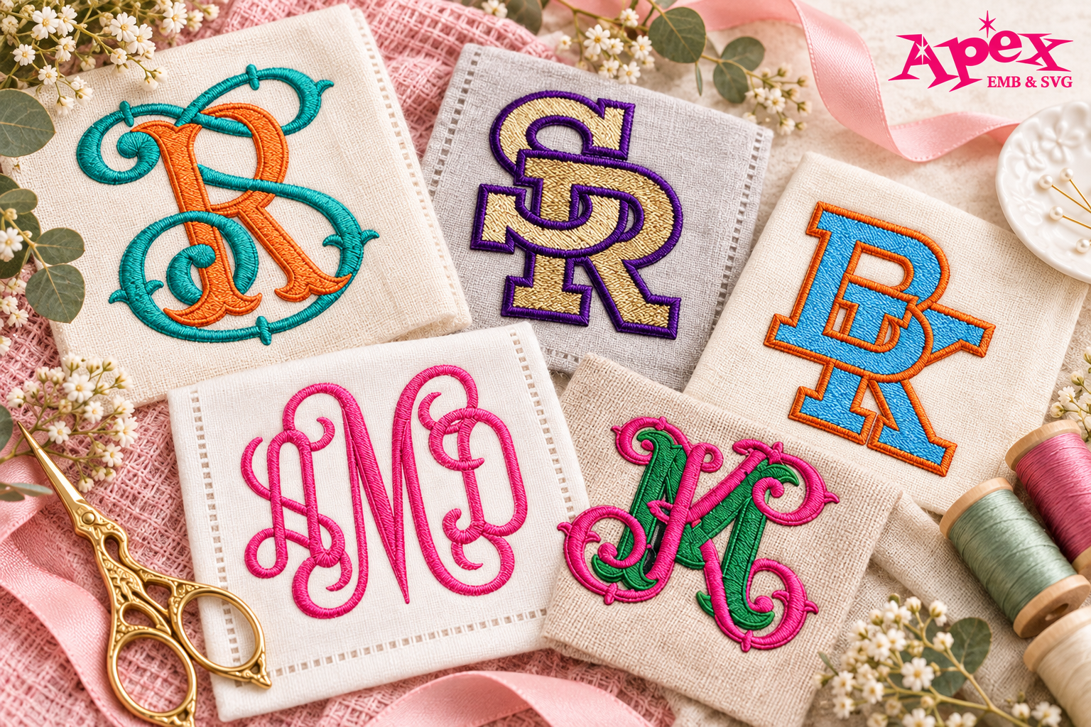 Vine, script and varsity interlocking monogram embroidery font examples from Apex