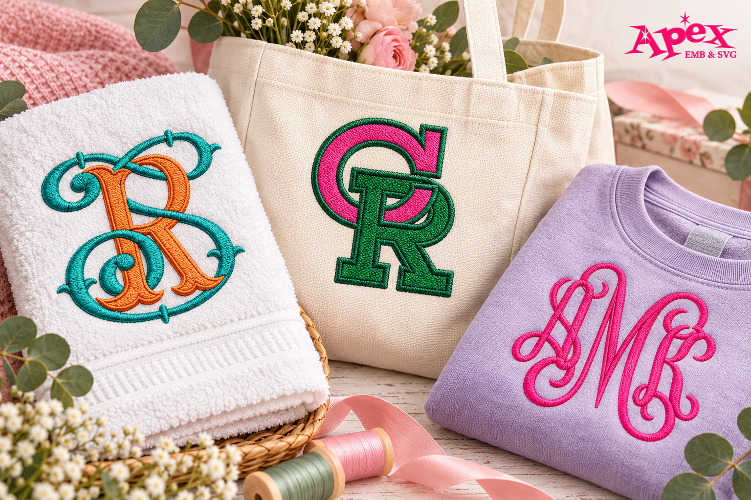 Interlocking embroidery monograms stitched on a towel, tote bag and sweatshirt