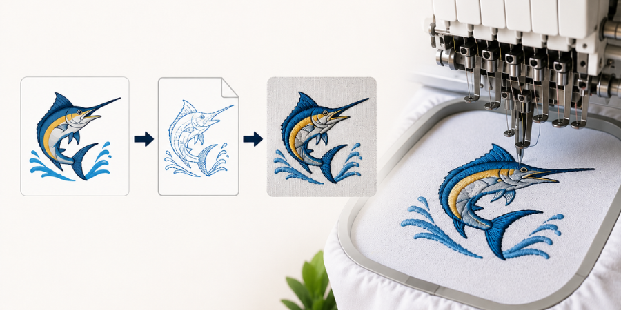 Three-step process showing how to create an embroidery file from artwork to stitch file to machine-embroidered fabric