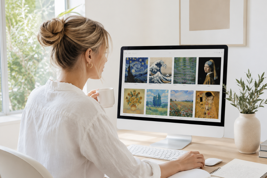 Woman at desktop computer browsing artwork and reference images to create custom embroidery designs