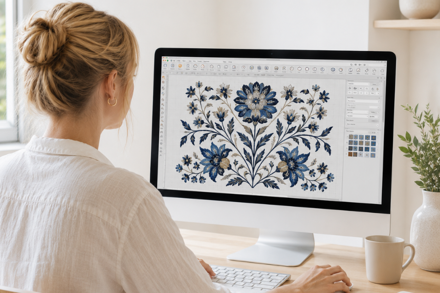 Designer importing a floral embroidery pattern into digitizing software on a desktop computer