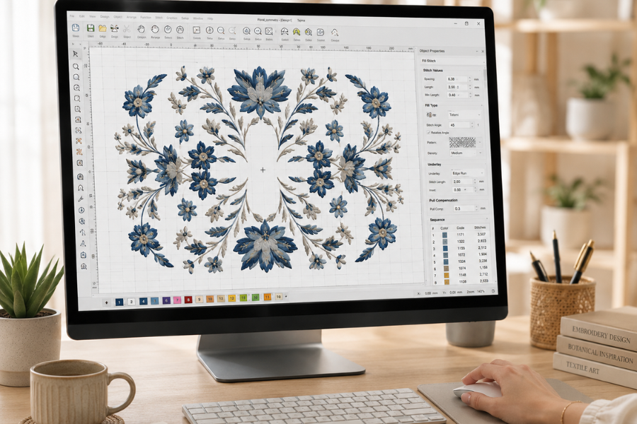 Embroidery digitizing software showing stitch settings panel with density, underlay, pull compensation, and color sequence for a floral design