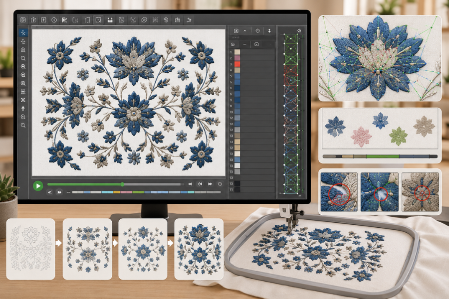 Embroidery software simulation preview showing stitch paths, color layers, and progressive stitching stages before sending to machine