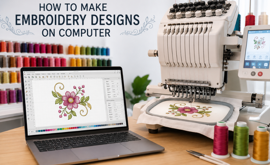 How to make embroidery designs on computer hero image showing a laptop with digitizing software next to a professional multi-needle embroidery machine