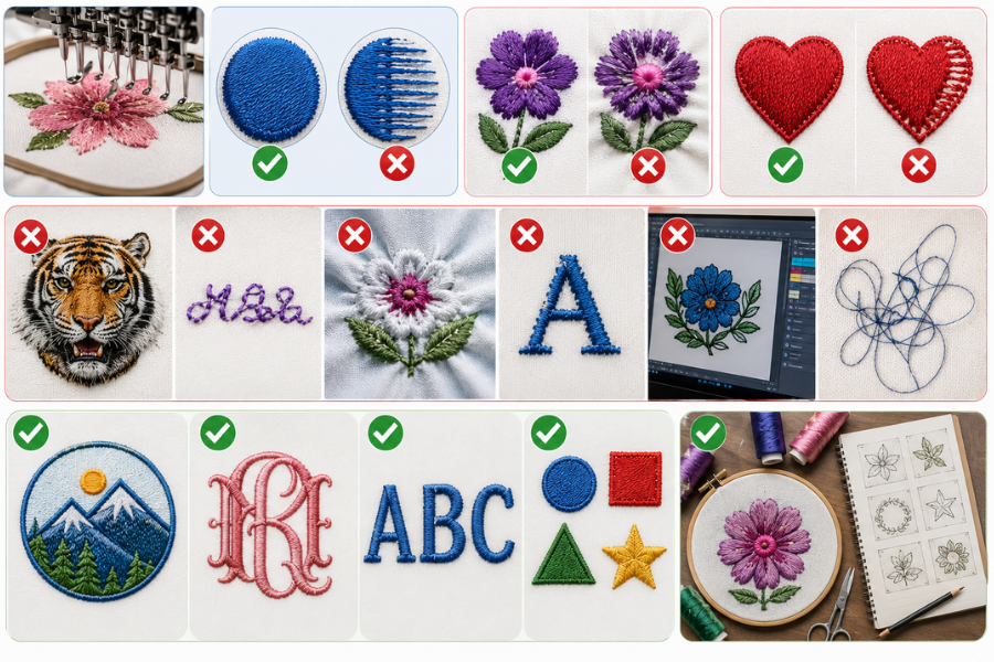 Visual guide showing what makes a good embroidery design versus bad digitizing examples including stitch density, detail, and complexity