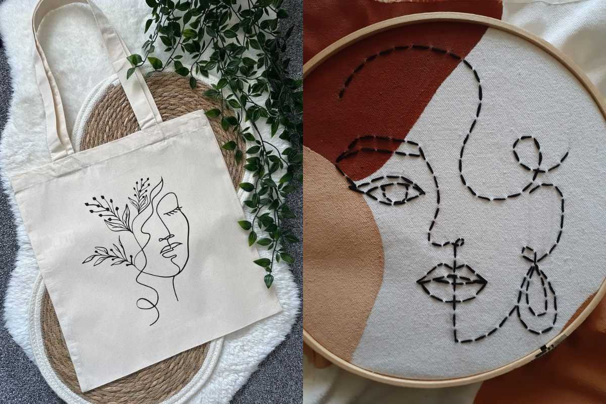 Minimalist Line Art on Tote bags embroidery