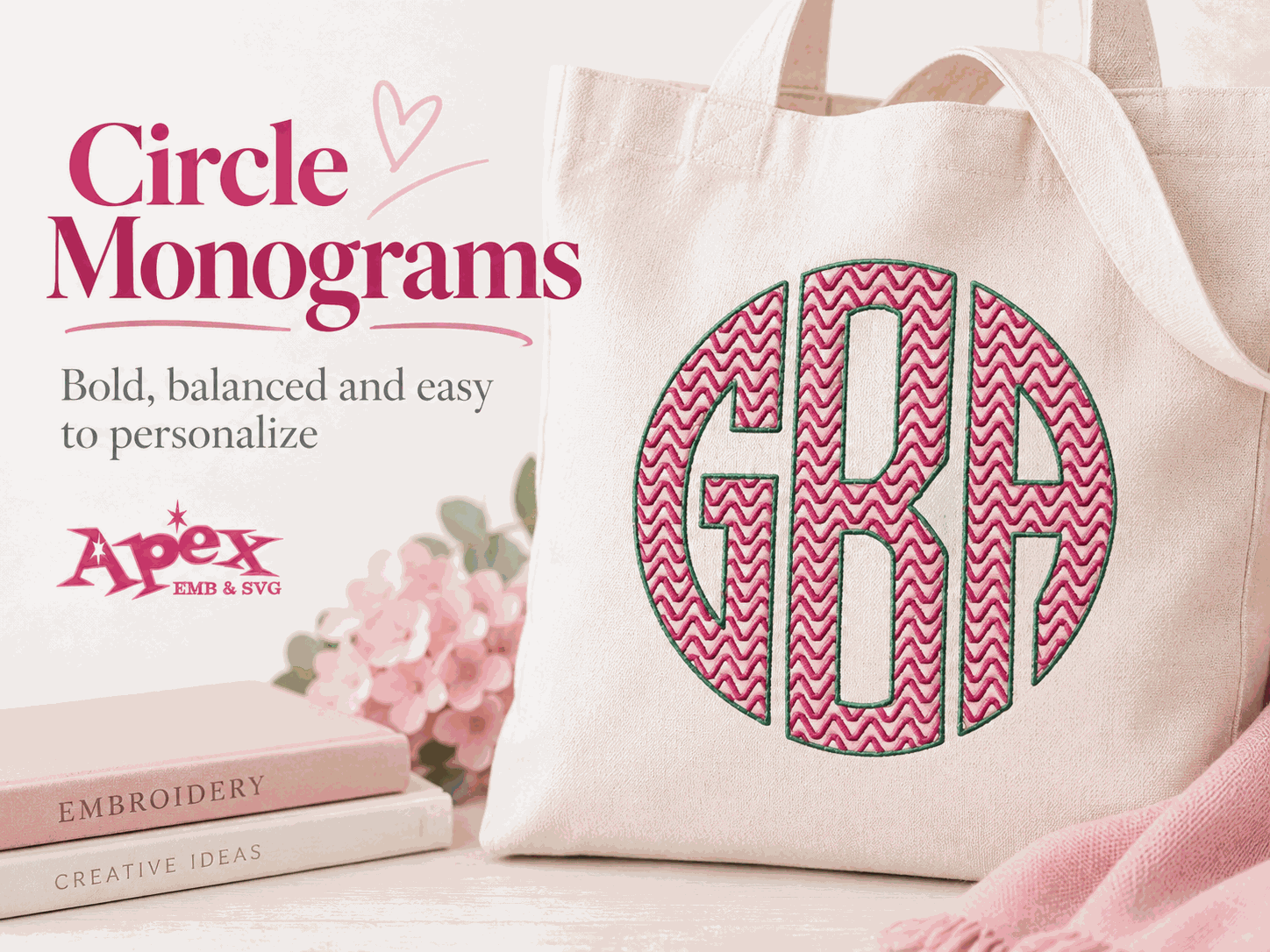 Circle Monogram Embroidery Fonts for Bags and Apparel